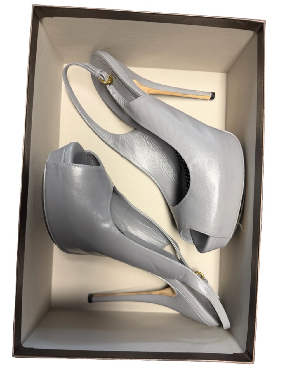 Gucci Peep Toe High Heels Shoes Grey Gray Neutral!